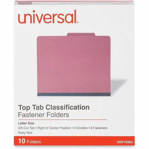 Universal 2/5 Tab Cut Letter Classification Folder - 8 1/2" x 11" - 2" Expansion - 6 Fastener - 2" Fastener Capacity - Top Tab Location - Right of Center Tab Position - 2 Divider - Ruby Red - 10 Box