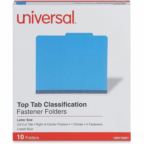 Universal 2/5 Tab Cut Letter Classification Folder - 8 1/2" x 11" - 2" Expansion - 4 Fastener - 2" Fastener Capacity - Top Tab Location - Right of Center Tab Position - 1 Divider - Cobalt Blue - 10 Box