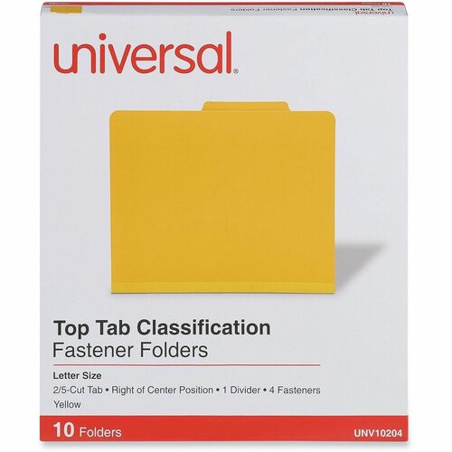 Universal 2/5 Tab Cut Letter Classification Folder - 8 1/2" x 11" - 2" Expansion - 4 Fastener - 2" Fastener Capacity - Top Tab Location - Right of Center Tab Position - 1 Divider - Yellow - 10 Box