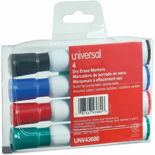 Universal Dry Erase Marker, Medium Bullet Tip, Assorted Colors, 4/Set - Assorted Ink - Dry - Black, Blue, Green, Red Barrel - General Purpose - 4 / Set