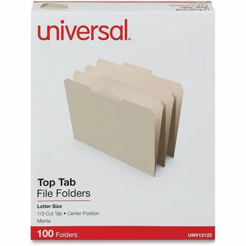 Universal 1/3 Tab Cut Letter Top Tab File Folder - 8 1/2" x 11" - 3/4" Expansion - Center Tab Position - 11 pt. - Manila - 100 Box