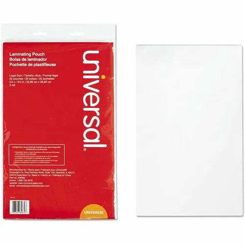 Universal Laminating Pouch - Sheet Size Supported: Legal 8.50" Width x 14" Length - Laminating Pouch/Sheet Size: 9" Width x 3 mil Thickness - Matte - for Document, Sign, ID Card, Photo, Tag - Temperature Resistant, Liquid Resistant - Clear - Plastic - 25