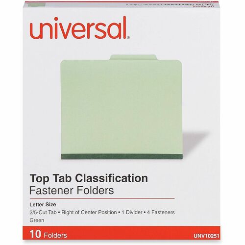 Universal Classification Folder, Letter 8.5" x 11", 2" Expansion, 4 Fasteners, 2/5-Tab Top Right-of-Center, 1 Divider, Green, 10/Box
