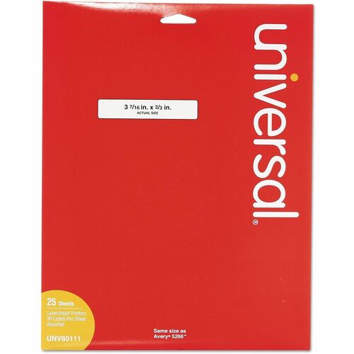 Universal File Folder Label - 3 7/16" Width x 21/32" Length - Permanent Adhesive - Rectangle - Laser, Inkjet - White, Blue, Green, Red, Yellow - Paper - 30 / Sheet - 25 Total Sheets - 750 / Pack