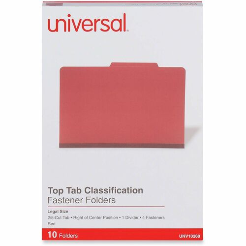 Universal 2/5 Tab Cut Legal Classification Folder - 8 1/2" x 14" - 2" Expansion - 4 Fastener - 2" Fastener Capacity - Top Tab Location - Right of Center Tab Position - 1 Divider - Red - 10 Box