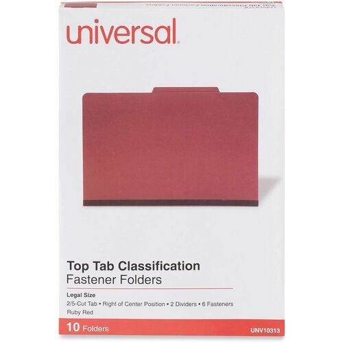 Universal 2/5 Tab Cut Legal Classification Folder - 8 1/2" x 14" - 2" Expansion - 6 Fastener - 2" Fastener Capacity - Top Tab Location - Right of Center Tab Position - 2 Divider - Ruby Red - 10 Box