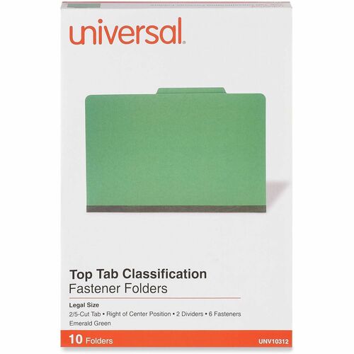 Universal Classification Folder, Legal Size 8.5" x 14", 2" Expansion, 6 Fasteners, 2" Capacity, 2 Kraft Dividers, 20 pt, Emerald Green, 10/Box