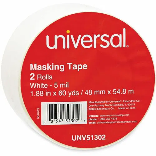 Universal General-Purpose Masking Tape, 3" Core, 48 mm x 54.8 m, Beige, 2/Pack - 59.93 yd Length x 1.89" Width x 5.5 mil Thickness - 3" Core - Beige - Natural Rubber - Crepe Paper Backing - 2 / Pack