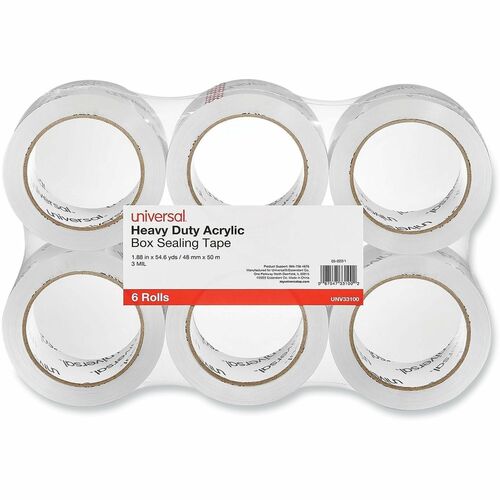 Universal Heavy-Duty Acrylic Box Sealing Tape, 1.88 in x 54.6 yd, 3 in Core, Clear, 6/PK