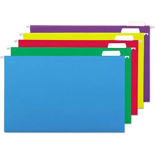 Universal Hanging Folders, Legal 8.5" x 14", 1/5 Tab Cut, Assorted Tabs, 11 pt Stock, Assorted Colors, 25/Box
