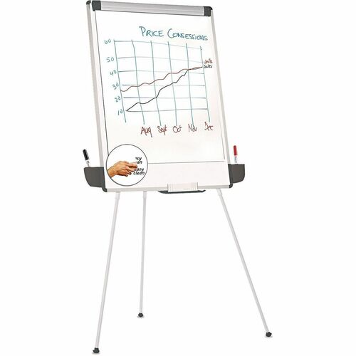 Universal Dry Erase Board, Tripod Easel, 29" W x 41" H, White Melamine Surface, 44" to 78" Stand Height, Fully Adjustable Pad Retainer