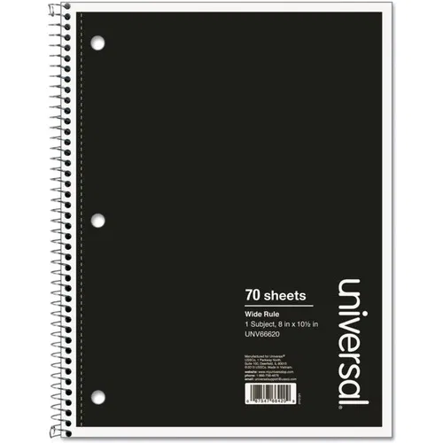 Universal Notebook - 1 Subject(s) - 70 Sheets - Spiral - Wide Ruled, Legal Ruled Front Ruling - 3 Hole(s) - 15 lb Basis Weight - 10.50" Height x 8" Width - White Paper - Black Paperboard Cover