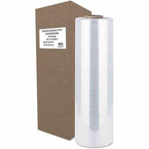 Universal Machine Stretch Film, 20" x 5,000 ft, 20.3 mic, (80-Gauge), Clear - 20" Width x 5000 ft Length x 0.8 mil Thickness - Self-adhering, Water Resistant, Dirt Resistant, Damage Resistant - Clear - 1 Roll