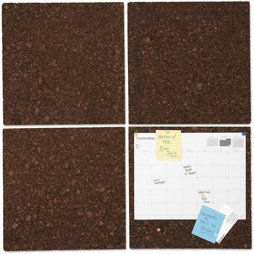 Universal Bulletin Board - 12" Board Height x 12" Board Width x 0.37" Board Depth - Dark Brown Natural Cork Surface - Noise Absorbant, Self-healing - 12" Height x 12" Width x 0.4" Depth - 4 / Pack