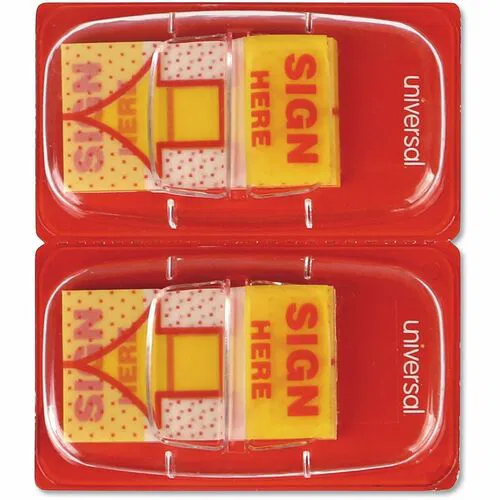 Universal Flag - 500 - 1" Flag/Note Width x 1 3/4" Flag/Note Length - Rectangle - SIGN HERE - Yellow - Pop-up, Repositionable, Reusable - Dispenser Included - 500 / Pack