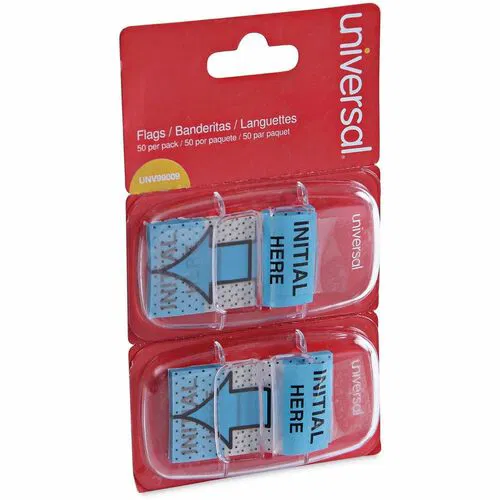 Universal Flag - 100 - 1" Flag/Note Width x 1 3/4" Flag/Note Length - Rectangle - INTITAL HERE - Blue - Pop-up, Repositionable, Reusable - Dispenser Included - 100 / Pack