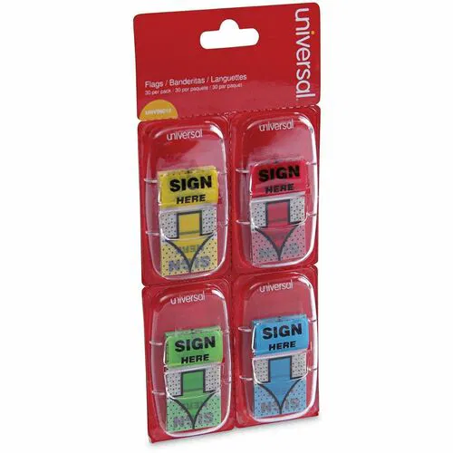 Universal Flag - 120 - 1" Flag/Note Width x 1 3/4" Flag/Note Length - Rectangle - SIGN HERE - Blue, Green, Red, Yellow - Pop-up, Repositionable, Reusable - Dispenser Included - 120 / Pack