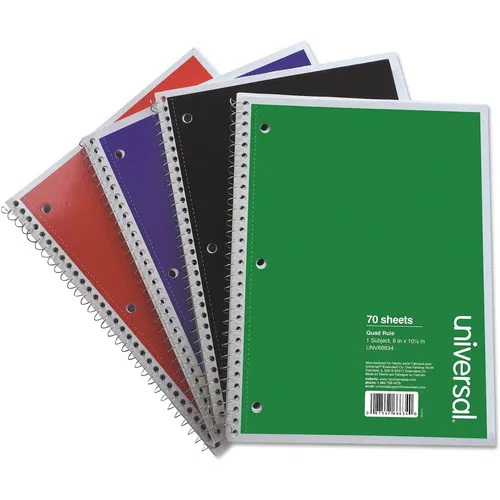 Universal Notebook - 1 Subject(s) - 70 Sheets - Spiral - Quad Ruled Front Ruling - 3 Hole(s) - 15 lb Basis Weight - 10.50" Height x 8" Width - White Paper - Black Paperboard, Blue, Green, Red Cover - 4 / Pack