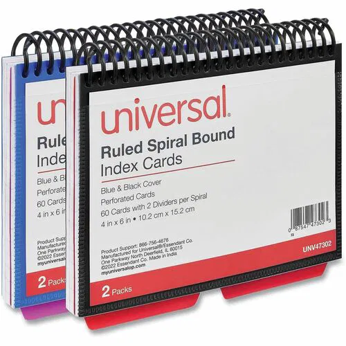 Universal Spiral Bound Index Cards, Ruled, 4 x 6, White, 120/Pack - 4" Width x 6" Length - White Poly Divider - Ruled - 120 / Pack