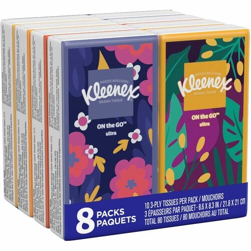 Kleenex, Facial Tissues, Go Packs, 3-Ply, 8.6" x 8.3", White, 10/Pouch, 8/PK