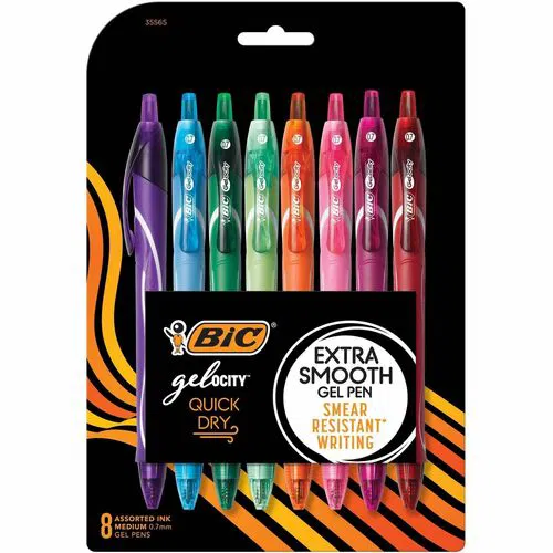 BIC, Gel-ocity Gel Pen, Retractable, 0.7 mm Medium Point, Gel Ink, Assorted Colors, Rubber Grip, 8/PK