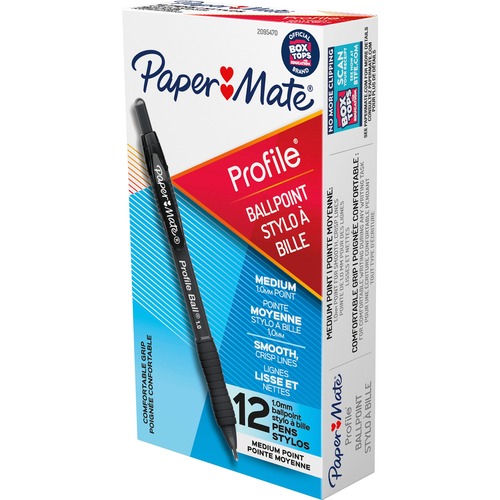 Paper Mate Ballpoint Pens, Profile, Retractable, 1.0mm Medium Tip, Black Ink, Soft Grip, 12/PK