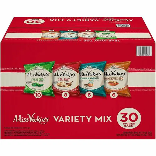 Miss Vickie's Kettle Cooked Chips, Variety Pack, 4 Flavors (Jalapeno, Sea Salt and Vinegar, Smokehouse Barbecue, Original), 30/Box
