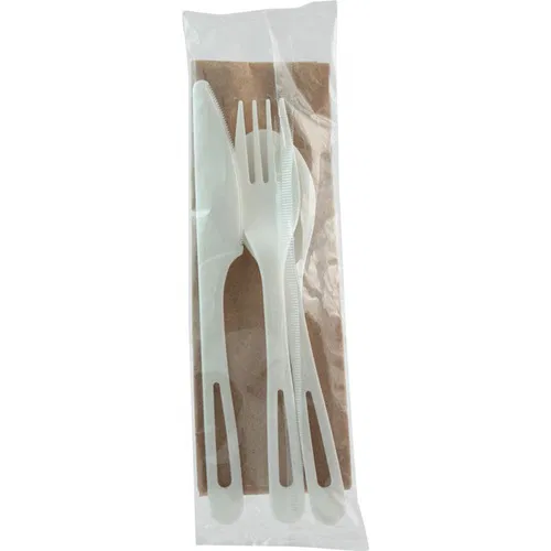 World Centric TPLA Wrapped Cutlery Set - Cutlery Set - 1 x Spoon - 1 x Fork - 1 x Knife - Dishwasher Safe - Talc-filled Polylactic Acid (TPLA) - Light Beige - 250 / Carton