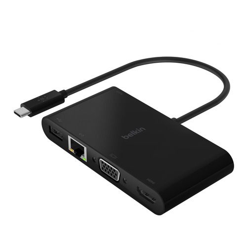 Belkin Docking Station, USB-C Multimedia Charge Adapter, 100W Pass-Through, Gigabit Ethernet, USB-A 3.0, 4K HDMI, VGA, for Notebooks