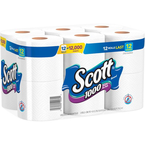 Scott Bathroom Tissue, 1-Ply Quick-Dissolving, 1,000 Sheets/Roll, 3.7" x 4.1", White, 12/PK