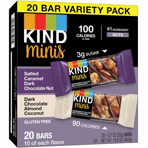 KIND Snack Bars, Minis Variety, Salted Caramel Dark Chocolate Nut, Dark Chocolate Almond Coconut, Gluten-Free, 0.7 oz, 20/PK