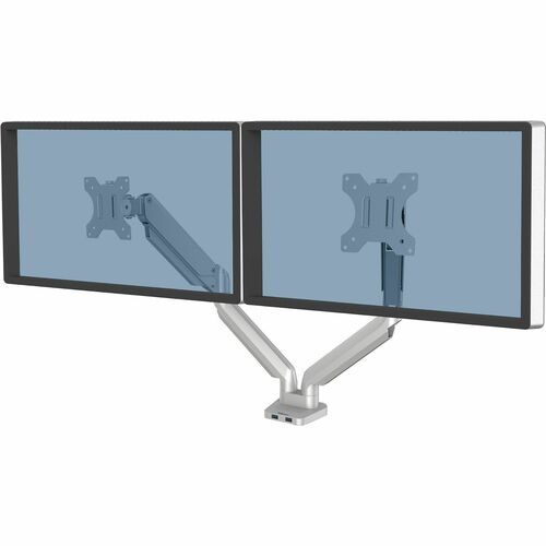 Fellowes Platinum Dual Monitor Arm, Supports 27" Screens, 40 lb Capacity, Silver, Integrated USB, VESA, Grommet/Clamp