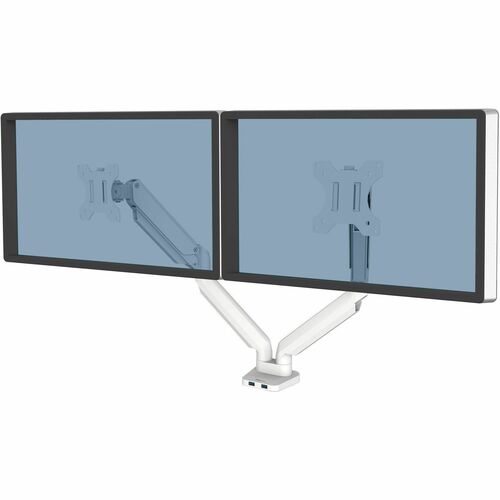 Fellowes Mounting Arm, Platinum, Dual Monitor, Height-Adjustable, 32" to 40" Screens, up to 35 lb, USB Charging, Cable Management, White
