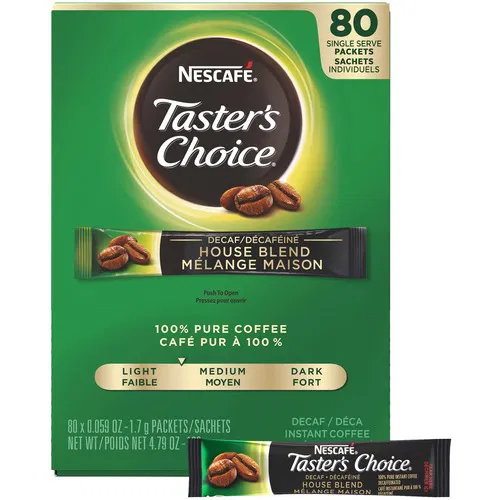 Nescafe Tasters Choice, Instant Coffee, House Blend, Decaf, Light/Medium Roast, Stick Packets, 80/Box