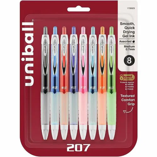 Uni-Ball 207 Fashion Gel Pen, 0.7 mm Needle Point, Retractable, Assorted Colors, Textured Rubber Grip, Super Ink, 8/PK
