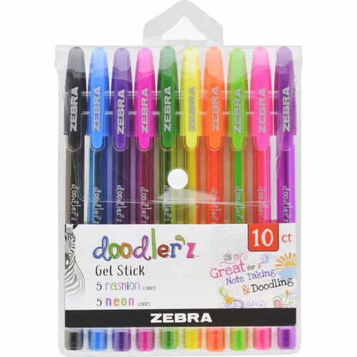 Zebra Pen Doodlerz Gel Pen, 1 mm Bold Tip, Assorted Neon Ink, Translucent Barrel, Ergonomic Grip, Reusable Storage Case
