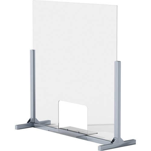 Lorell Sneeze Guard, Countertop, 36" W x 0.25" D x 36" H, Tempered Glass, Aluminum Frame, Removable Shelf, Clear