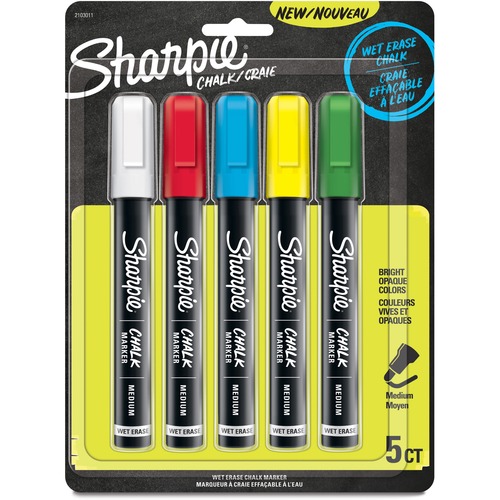 Sharpie, Wet-Erase Chalk Markers, Medium Point, Assorted Ink Colors, Wipe-Off Ink, 5/PK