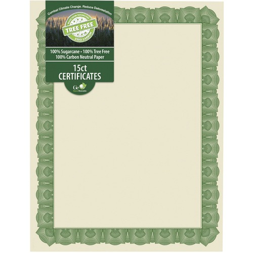 Geographics Certificate, Tree Free, Heavyweight Sugarcane, 8.5" x 11" x 0.2", Multicolor Green Border, 15/PK