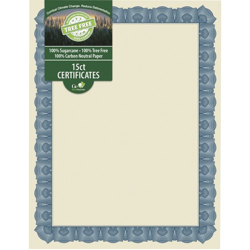 Geographics Tree Free Certificate, Heavyweight Sugarcane, 8.5" x 11", Blue Border, 15/PK