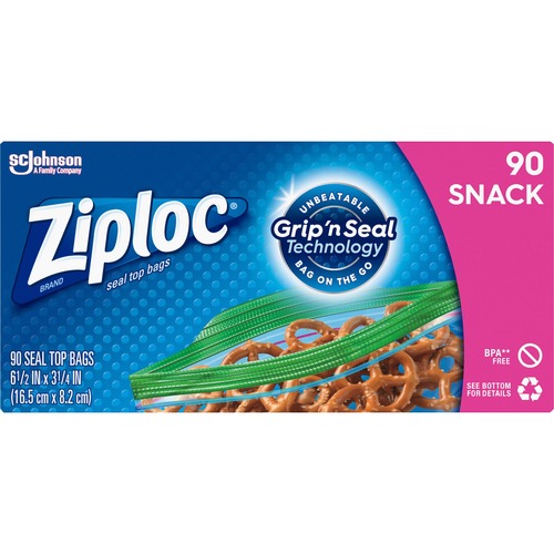 Ziploc Storage Bag, Snack Size, 6.5" x 3.25" x 3.25", Clear Plastic, Double-Zipper, 90/Box