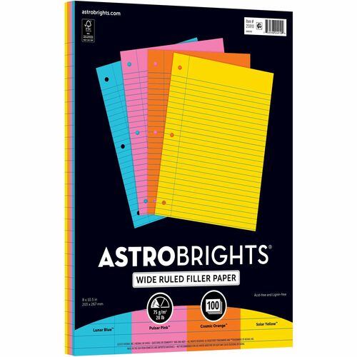 Astrobrights Filler Paper - 100 Sheets - Wide Ruled Front Ruling - 3 Hole(s) - 24 lb Basis Weight - 8" x 10 1/2" Sheet Size - Neon Blue Paper - Hole-punched, Acid-free - 100 / Pack