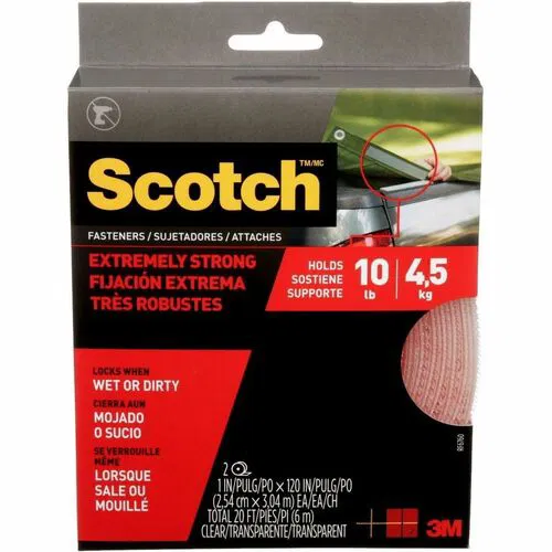 Scotch Extremely Strong Fasteners - 10 ft Length x 1" Width - Clear - Weather Resistant, Dirt Resistant, UV Resistant - For Multi Surface, Multipurpose - 2 / Pack
