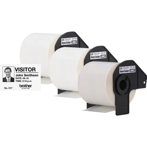 Brother DK Name Badge Label, 3 2/5" W x 2 19/64" L, 260/Roll, White Paper, Rectangle, Thermal, for QL Printers, 3/Box