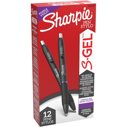 Sharpie Gel Pen, S-Gel, 0.7 mm Tip, Purple Gel Ink, Contoured Rubber Grip, 12/PK