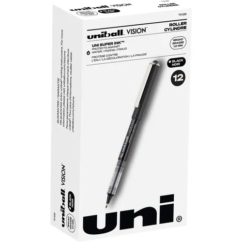 Uni-Ball Vision Rollerball Pen, 1 mm Broad Point, Black Ink, Super Ink, Fraud-Proof, 12/DOZ