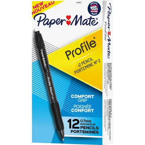 Paper Mate, Mechanical Pencil, Profile, 0.7 mm, No 2 Lead, Refillable, Comfort Grip, Smudge-Resistant Eraser, Black Barrel, 12/PK