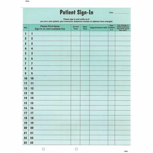 Tabbies, Patient Sign-In Form, Letter 8.5" x 11", 23 Labels per Sheet, Removable Numbered Strip, Green Paper, HIPAA Compliant, 125/PK