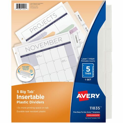 Avery Big Tab Insertable Plastic Dividers, 3-Hole Punched, 8.5" x 11", Clear, 5/Set
