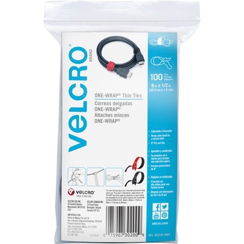 Velcro Hook and Loop Fastener, Thin Reusable Straps, 0.5" x 8" x 0.01", Fabric/Nylon, Black/Red, 100/PK